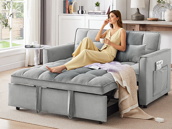 55.1-Inch Modern Velvet 3-in-1 Convertible Sofa Bed - Light Gray