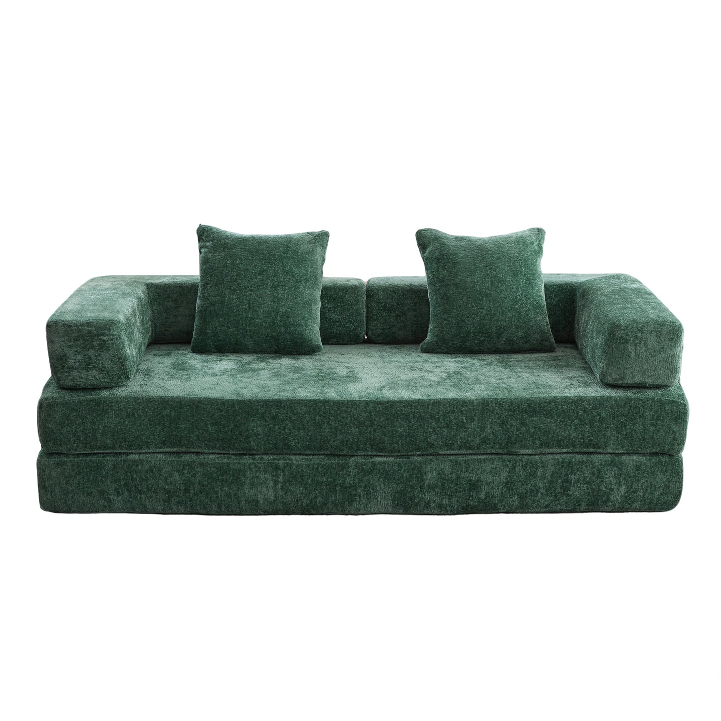 Convertible Floor Couch and Sofa Bed with Pillow Back Support - Dark Green Chenille Fabric