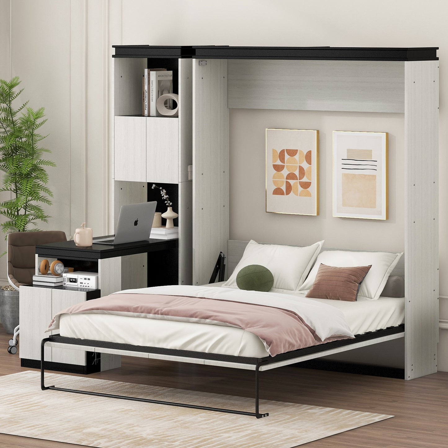 Full Size Murphy Bed with Desk and Storage Shelves and Cabinets in Black and White