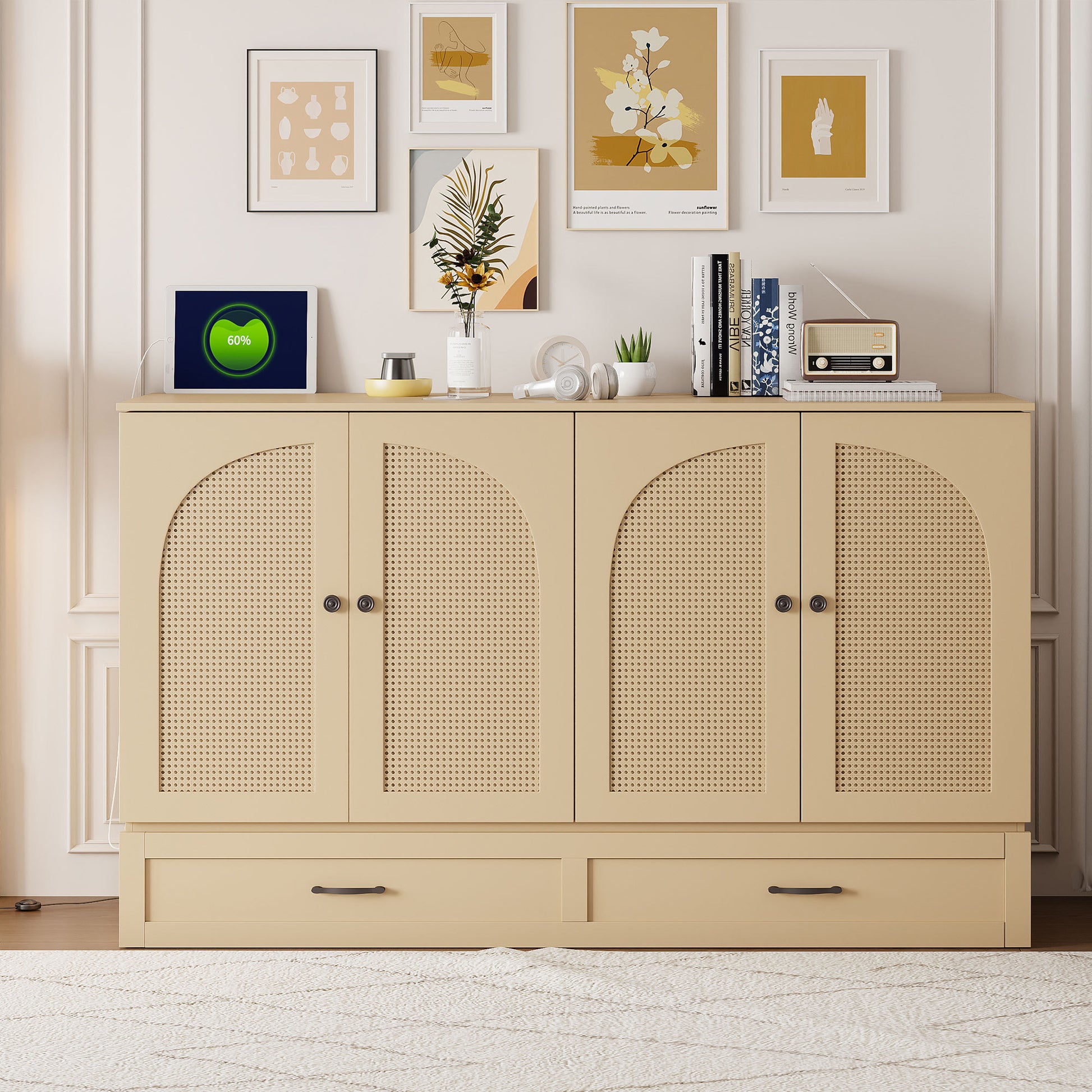 Queen Size Murphy Bed with Large Drawers, Gold