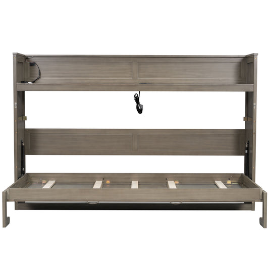 Gray Wash Twin XL Murphy Bed with Desk, LED Light and USB Charging Station