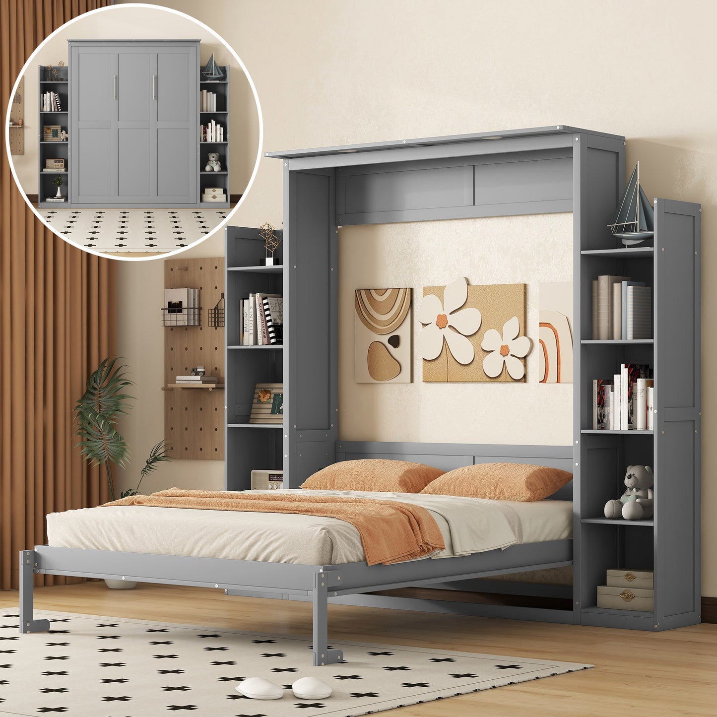 Queen Size Murphy Bed Wall Bed with Shelves and LED Lights, Gray