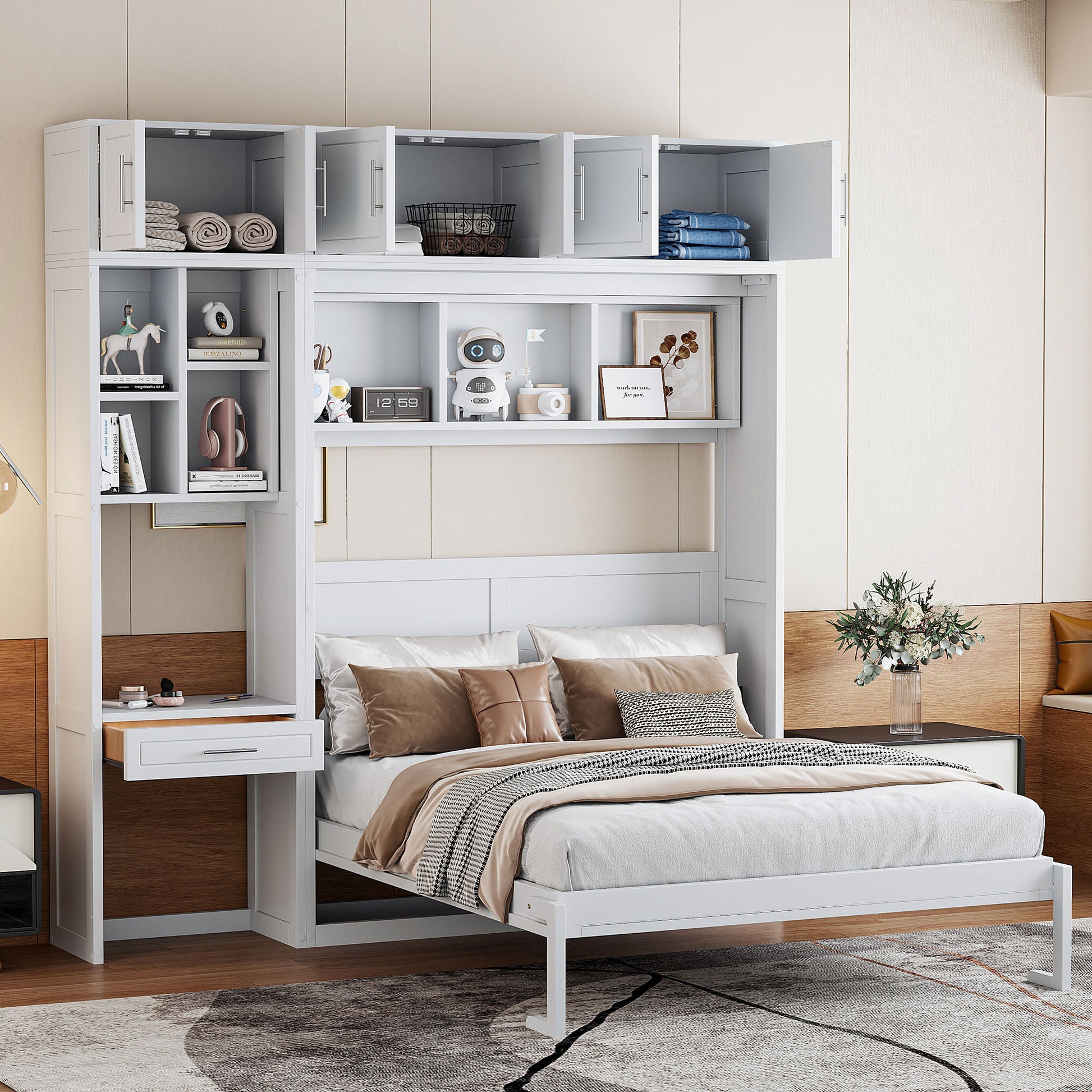 Queen Size Wall Murphy Bed with Desk, Top Cabinet and Storage Shelves - Space Saving Foldable Bed in White