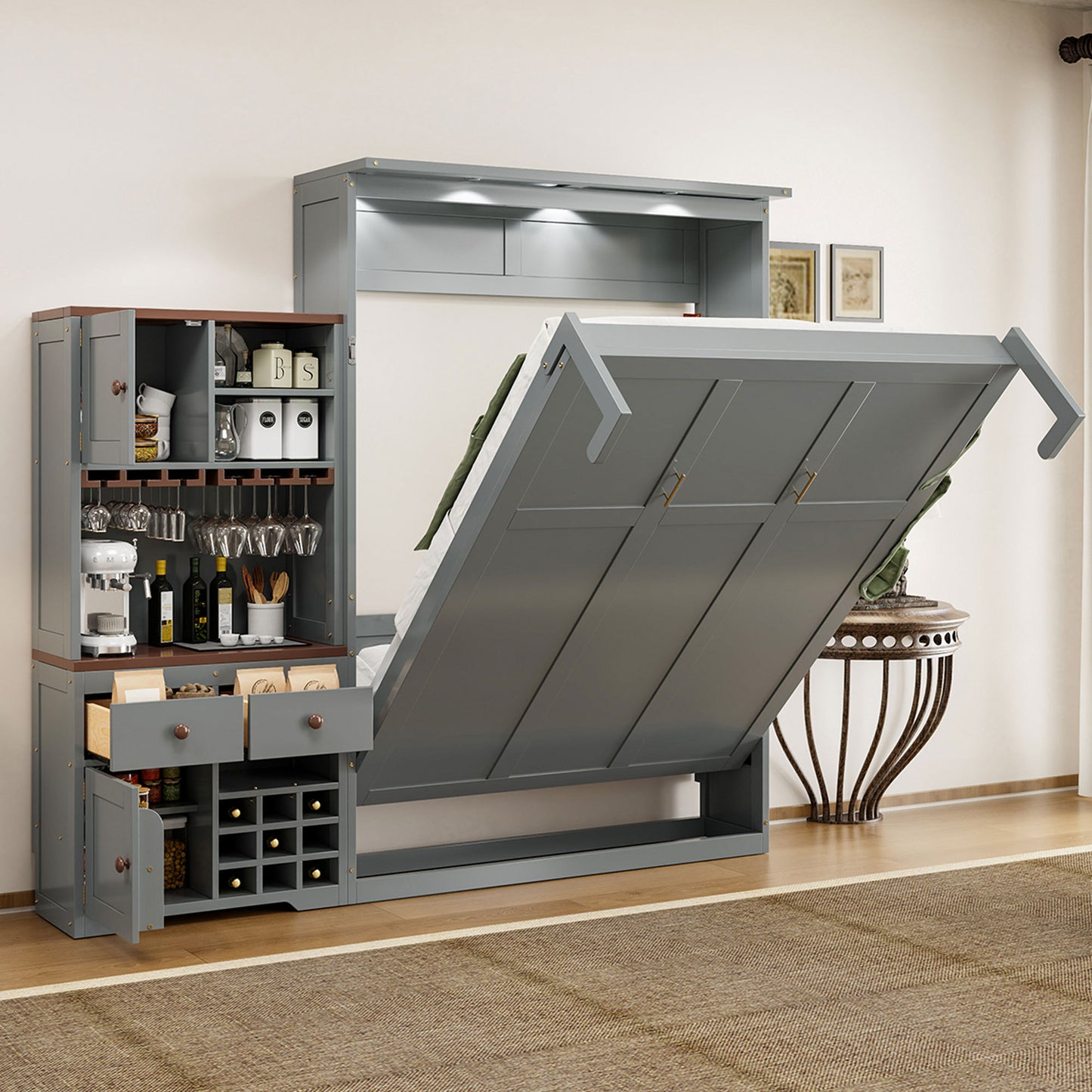 Queen Size Murphy Bed with Storage Cabinet, Wine Rack, Glass Holder, Drawers and Multi-Color LED Strip in Gray