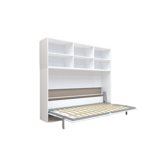 Modern Design Twin Size Horizontal Murphy Bed with Shelf Storage - White Plywood & Metal Space Saving Hidden Bed