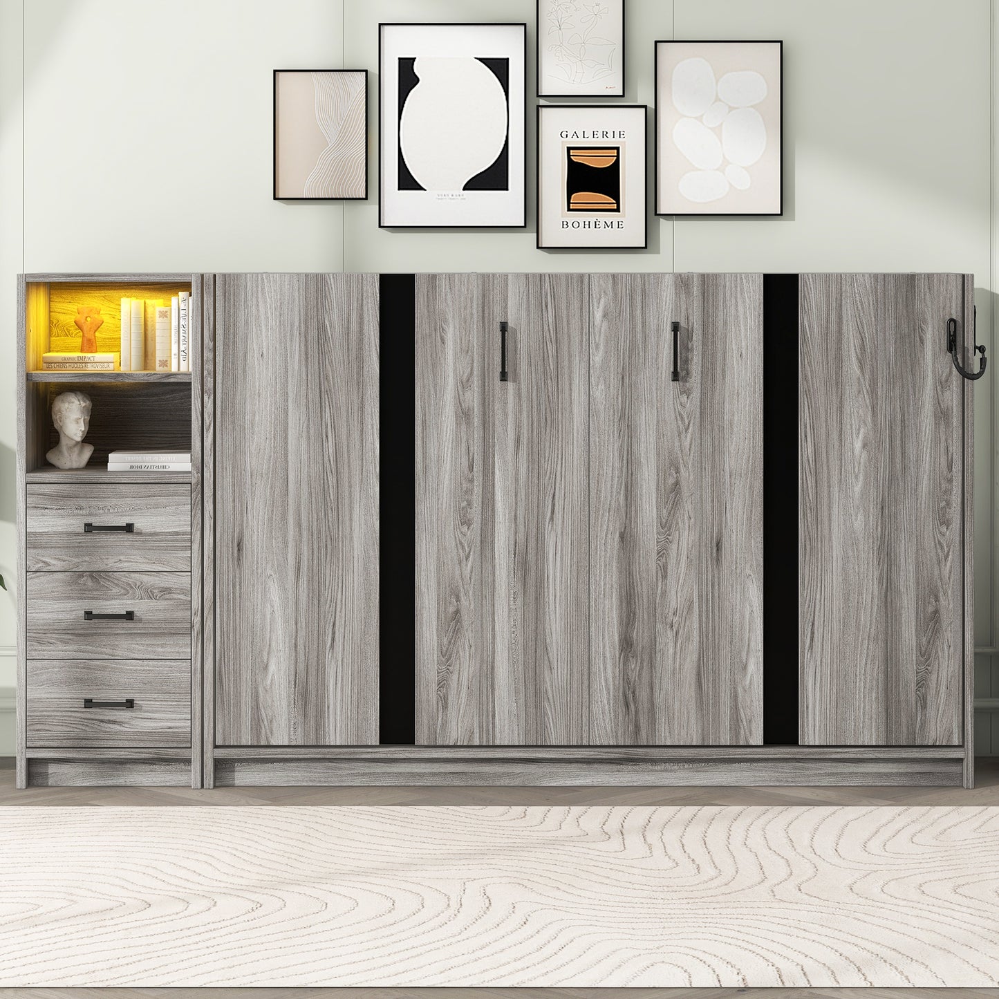 Twin Size Murphy Bed with Drawers and LED Light - Compact Folding Design in Gray