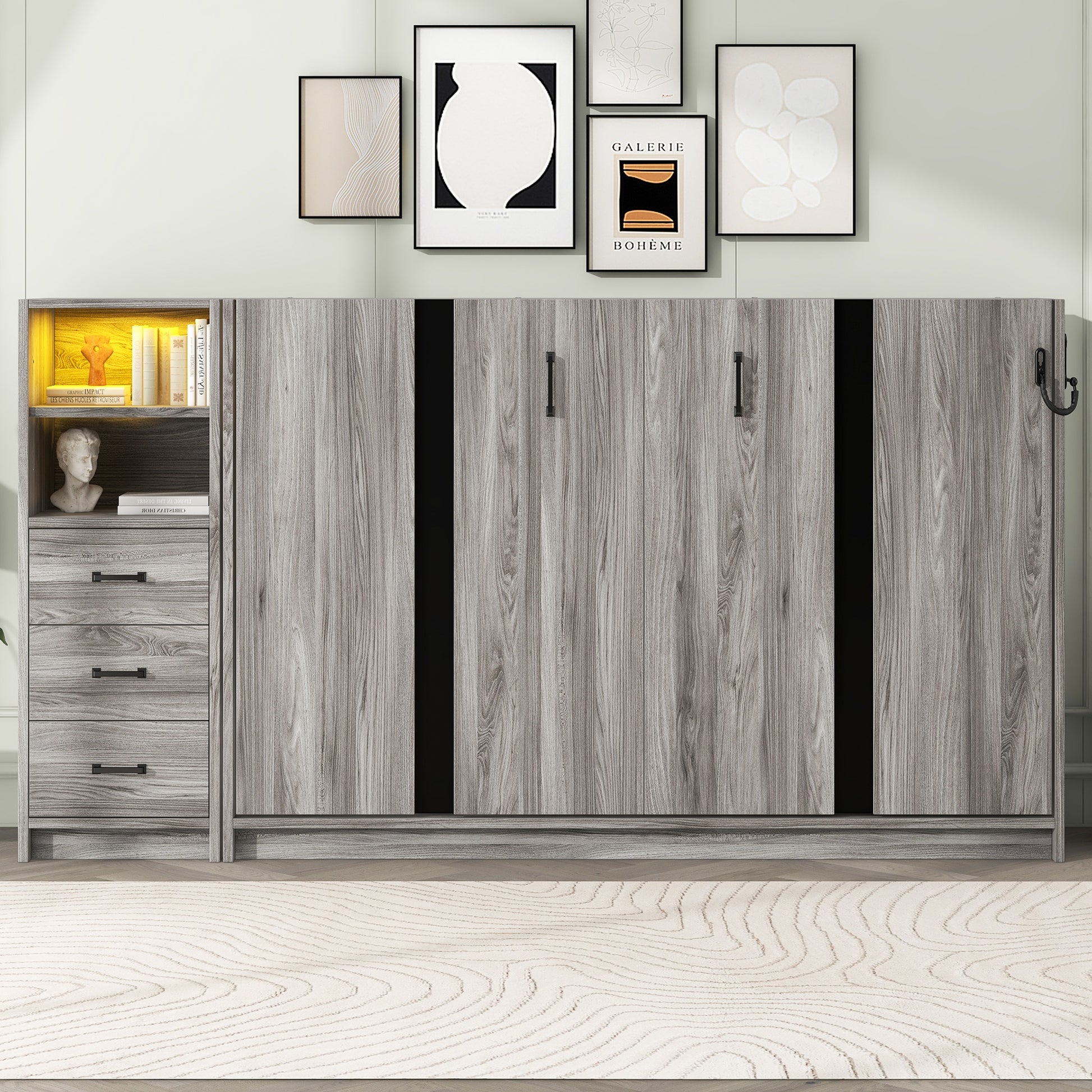 Twin Size Murphy Bed with Drawers and LED Light - Compact Folding Design in Gray