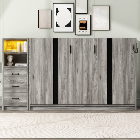Twin Size Murphy Bed with Drawers and LED Light - Compact Folding Design in Gray