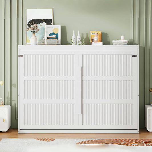 Queen Size Murphy Bed Wall Bed Modern Design with LED Lights - White