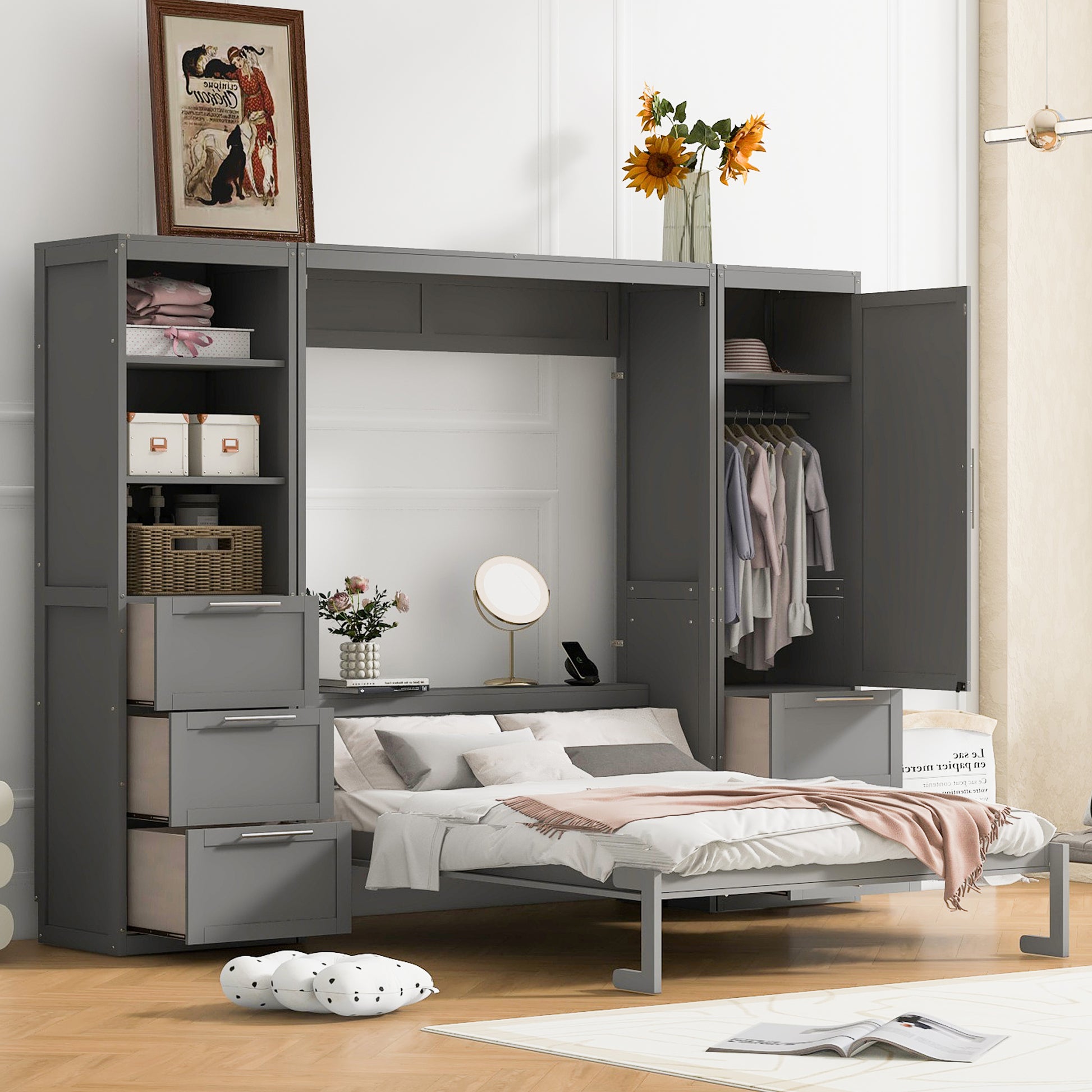 Queen Size Murphy Bed Wall Bed with Closet, Drawers and Shelves in Gray