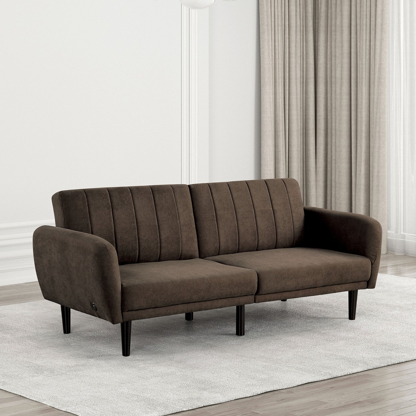Cozy Brown Futon Sofa - Convertible Bed with Tufted Fabric & Iron Legs