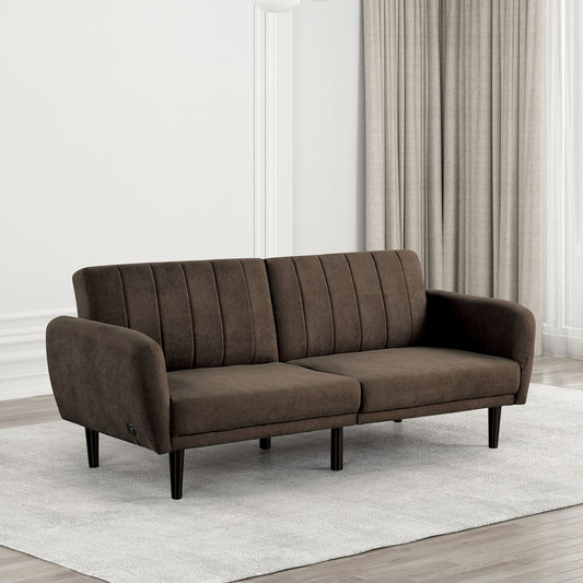 Cozy Brown Futon Sofa - Convertible Bed with Tufted Fabric & Iron Legs