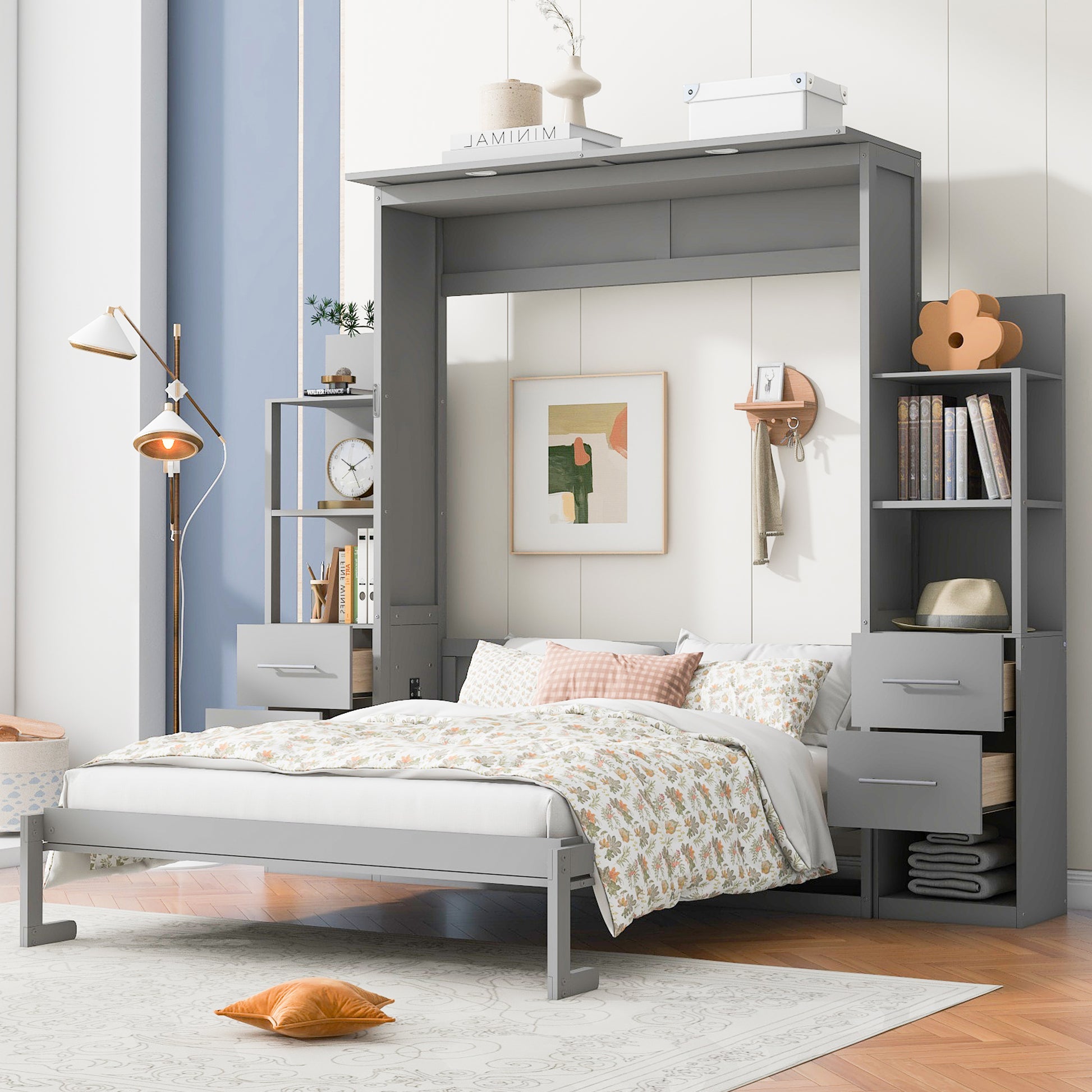 Queen Size Murphy Bed Wall Bed with Shelves, Drawers and Lights - Gray