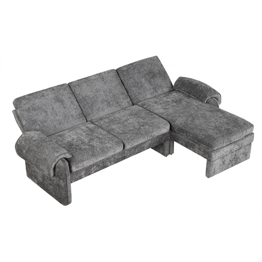 Convertible Futon Sofa Bed with Adjustable Backrest and Reversible Chaise Lounge in Gray Chenille
