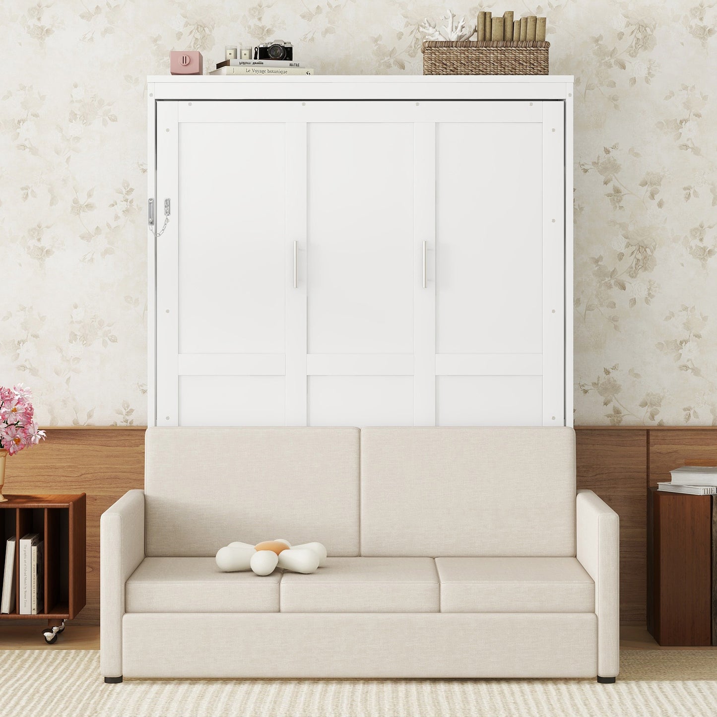 Queen Size Murphy Bed Wall Bed with Cushion in White - Space Saving Design