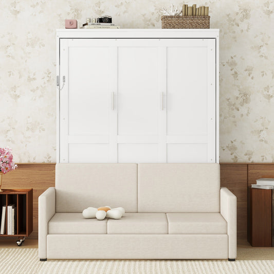 Queen Size Murphy Bed Wall Bed with Cushion in White - Space Saving Design