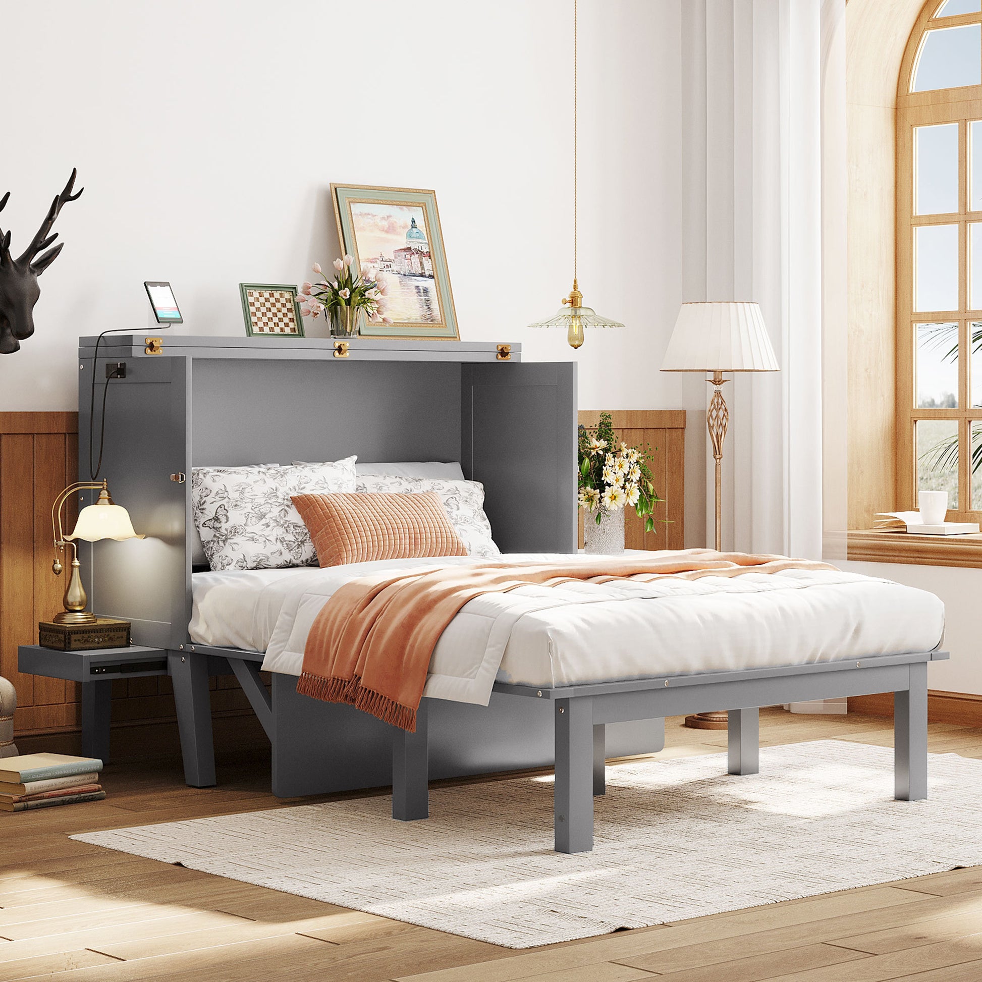 Full Size Murphy Bed with USB Port and Removable Shelves, Gray