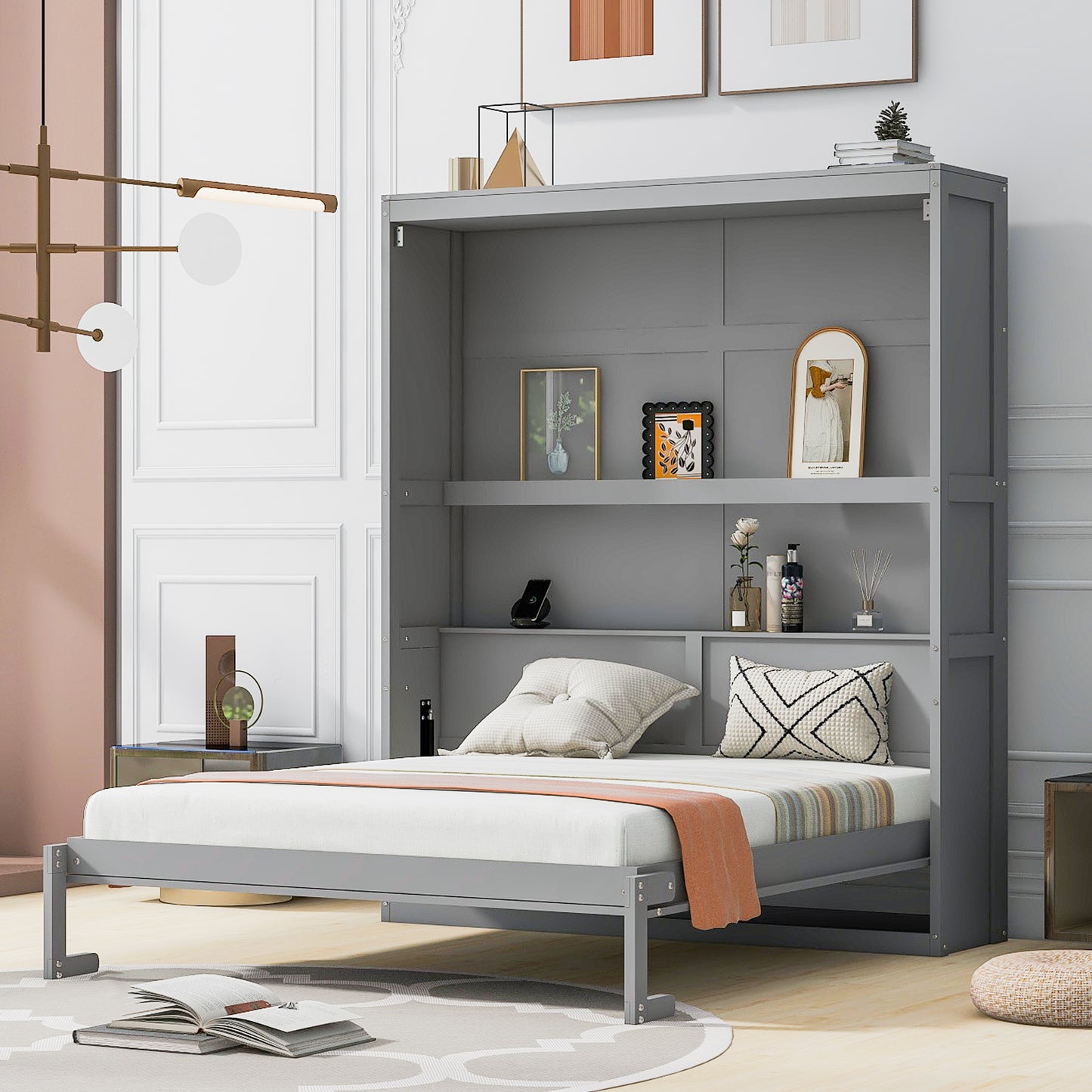 Queen Size Murphy Bed Wall Bed with Shelves, Gray