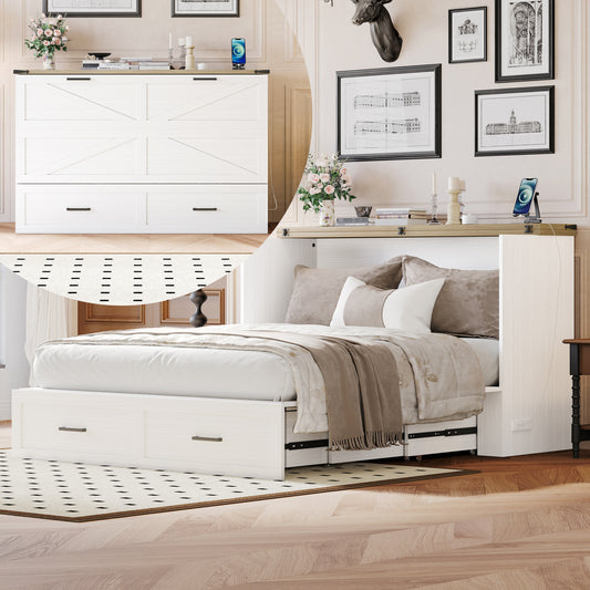 Queen Size Farmhouse Murphy Cabinet Bed with Charging Station