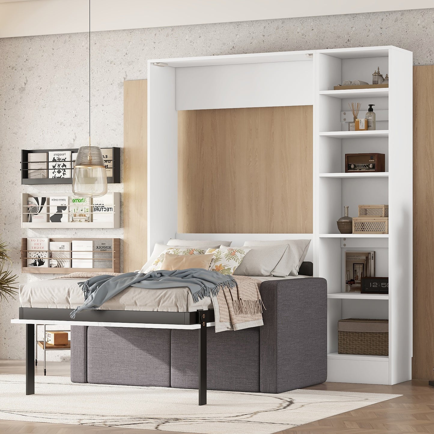 Twin Size Murphy Bed Wall Bed with Sofa and Shelves - White