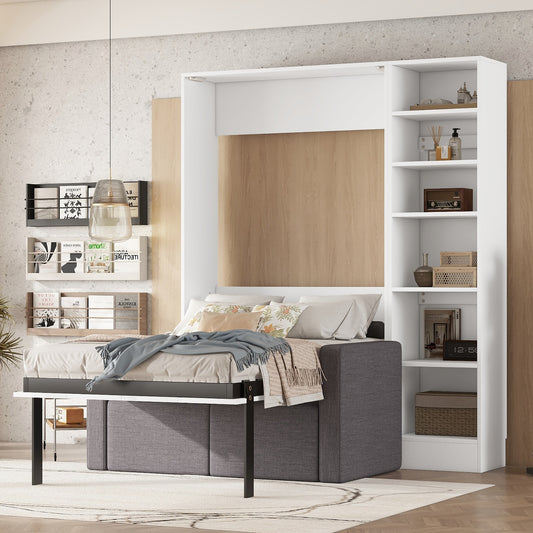 Twin Size Murphy Bed Wall Bed with Sofa and Shelves - White