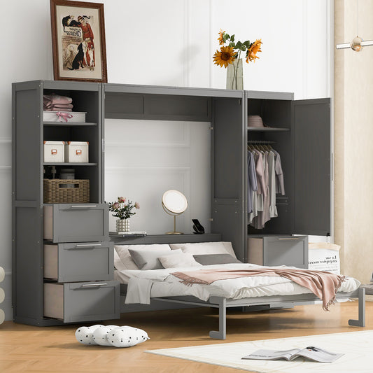 Queen Size Murphy Bed Wall Bed with Closet, Drawers, and Shelves in Gray