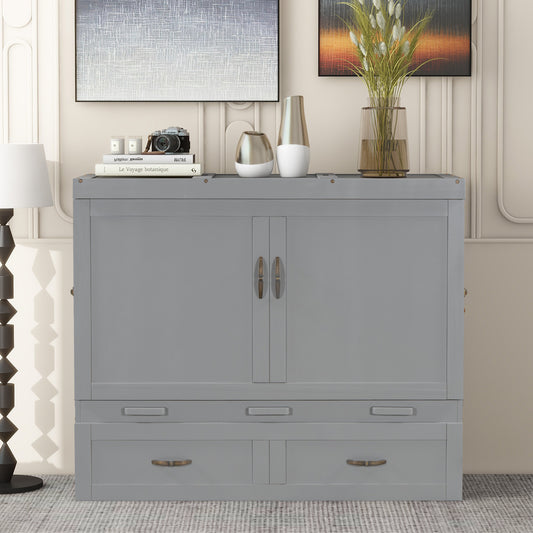 Full Size Murphy Bed with USB Ports, Large Drawers and Metal Handles in Gray