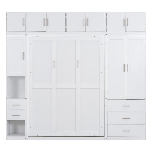 White Full Size Murphy Bed with Lockers and Wardrobes - Space Saving Solution