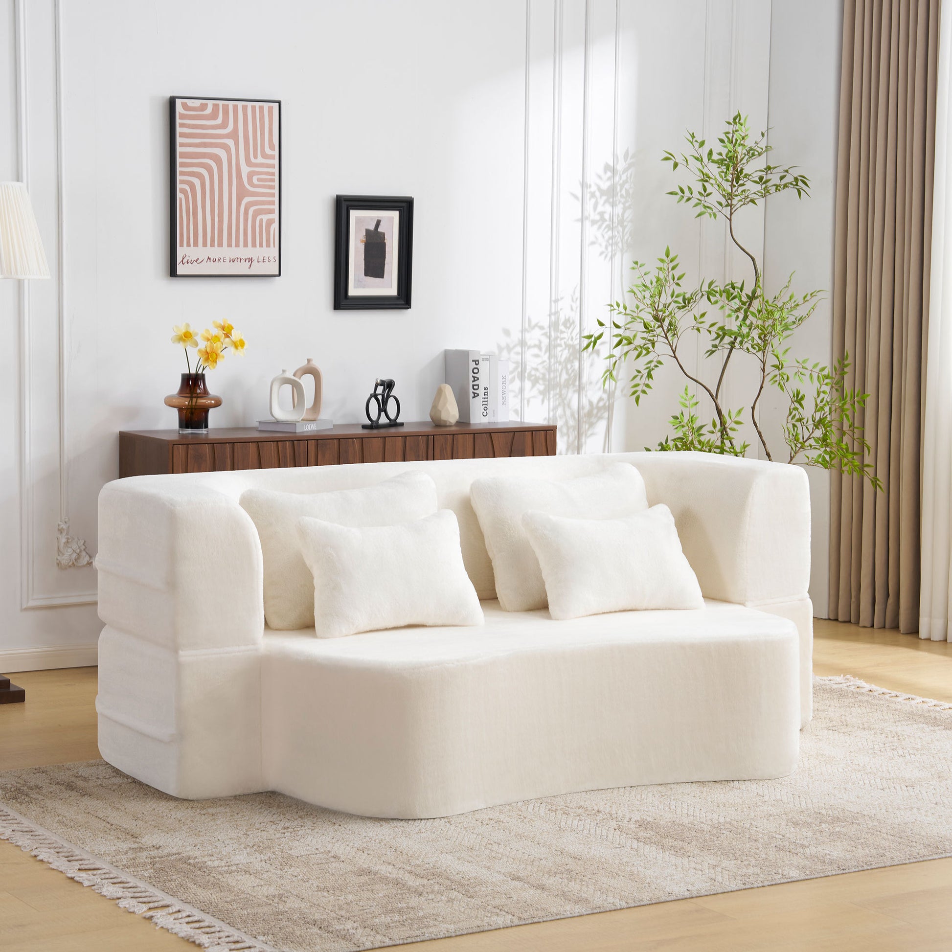 Queen Size Modern White Floor Sofa with Pillows - Multi-Functional Plush Futon Couch