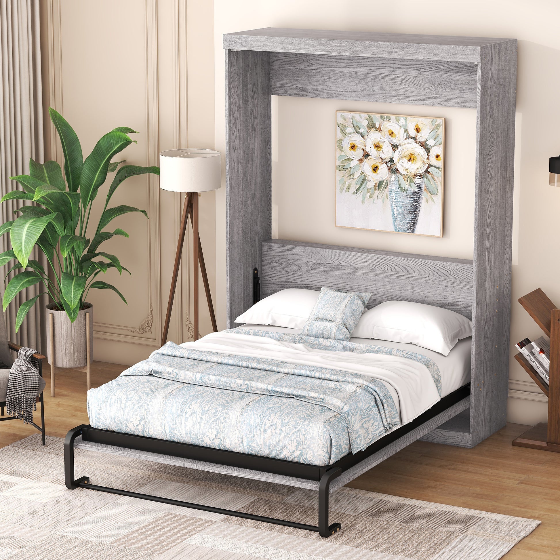 Full Size Murphy Bed - Gray, Space-Saving Convertible Cabinet Bed