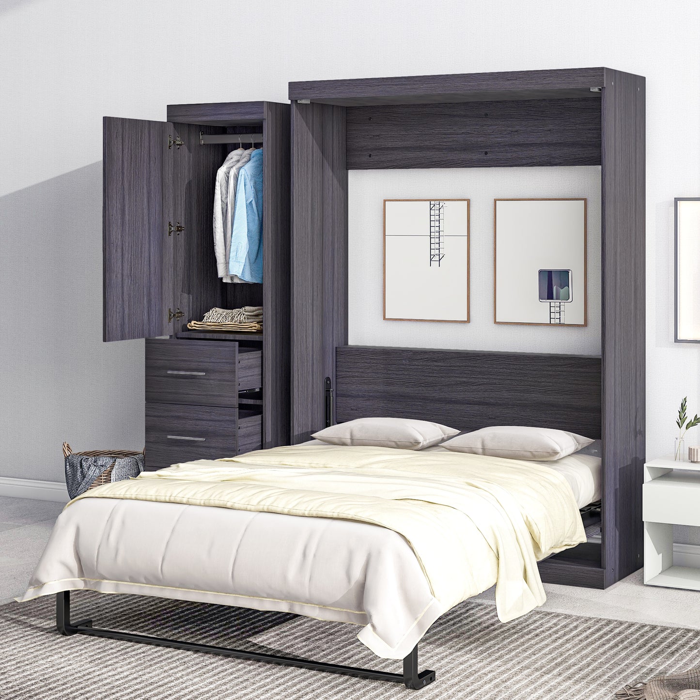 Full Size Murphy Bed with Wardrobe and Drawers - Space Saving Gray Storage Bed