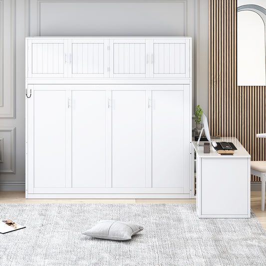 Queen Size Wall Murphy Bed with Desk and Storage Shelves in White