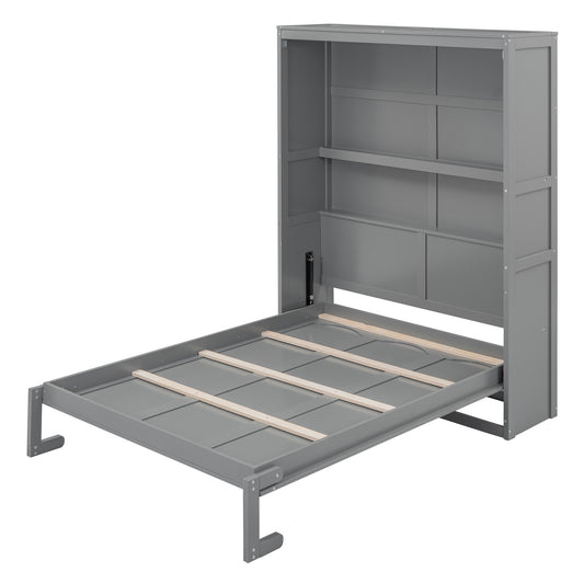 Stylish Murphy Bed Wall Bed with Shelves - Space-Saving Gray Plywood and MDF, Full Size