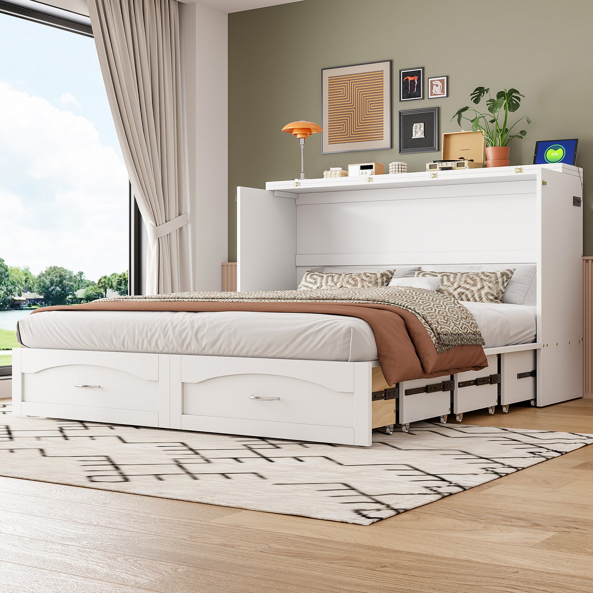 Queen Size Murphy Bed Wall Bed with Drawer & USB Ports - White