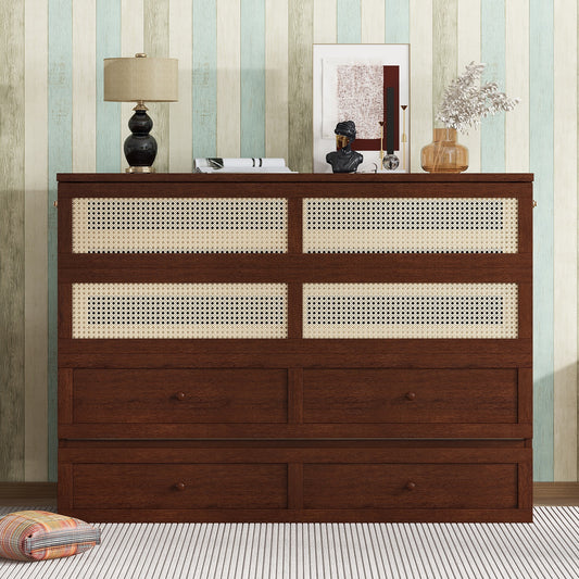 Queen Size Murphy Bed - Pine Wood Cabinet Bed with Rattan Decoration & Storage Drawer (Walnut)