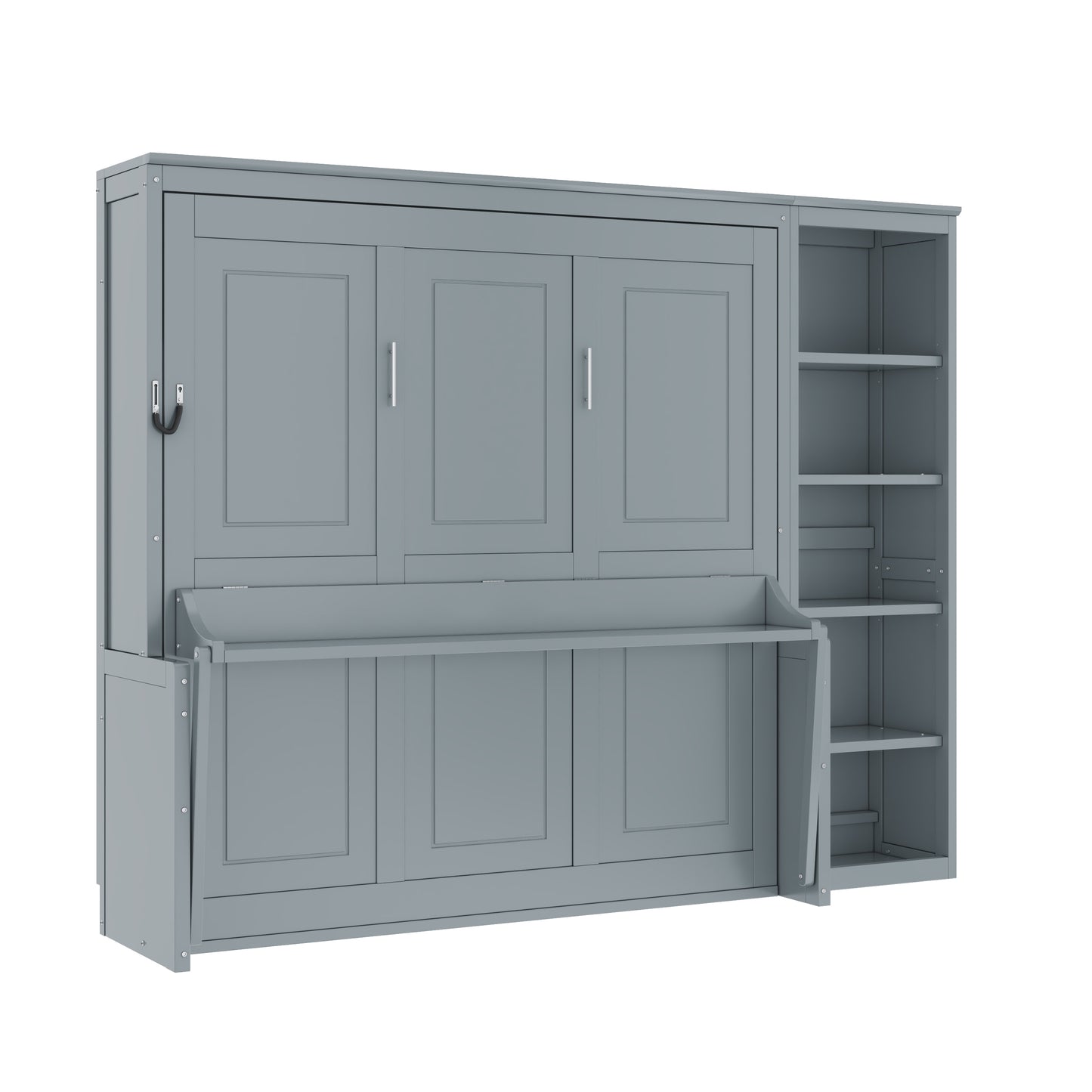 Gray Queen Size Murphy Bed with Desk and Bookshelf - Space-Saving Pine Wood + MDF