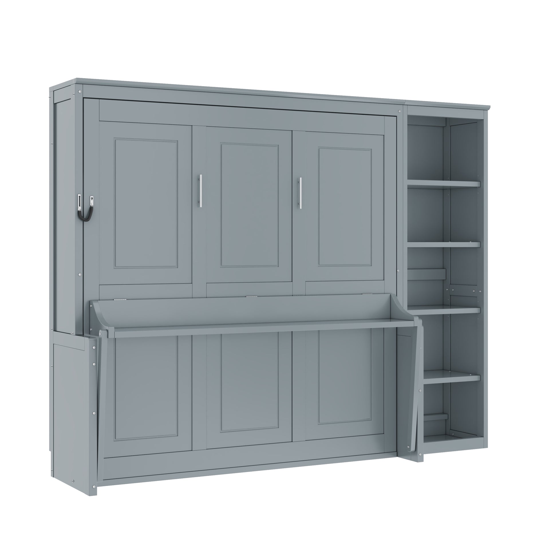 Gray Queen Size Murphy Bed with Desk and Bookshelf - Space-Saving Pine Wood + MDF