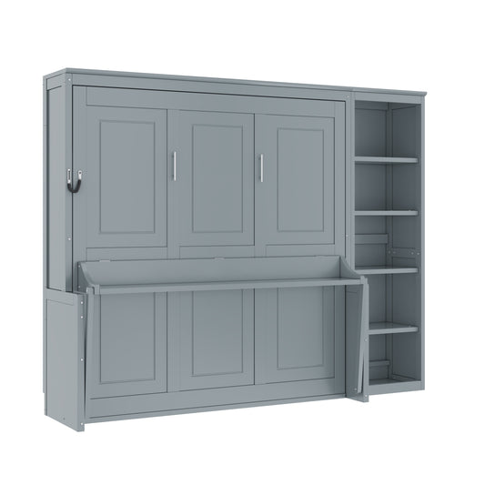Gray Queen Size Murphy Bed with Desk and Bookshelf - Space-Saving Pine Wood + MDF
