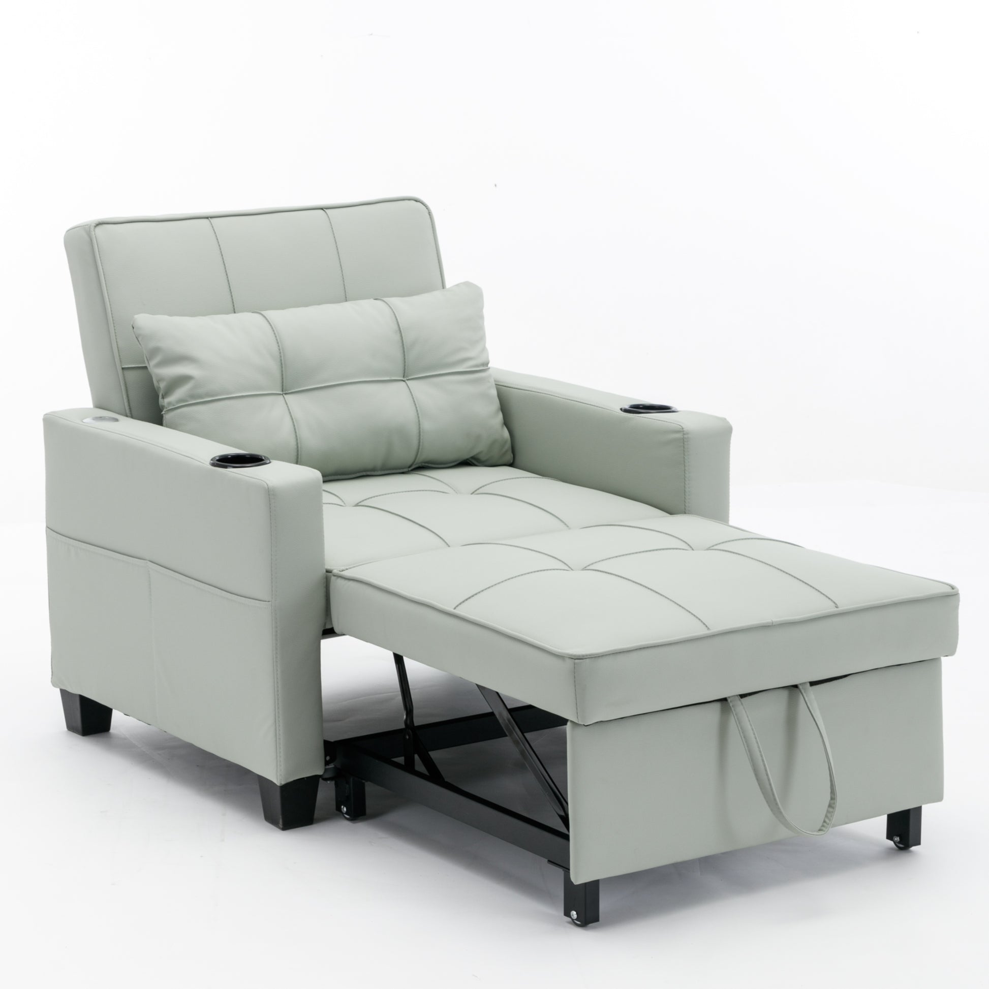 Futon Chair Bed Convertible Chair - 3-in-1 Sleeper with USB Ports - Green Leather