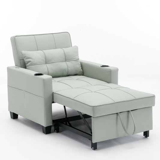 Futon Chair Bed Convertible Chair - 3-in-1 Sleeper with USB Ports - Green Leather