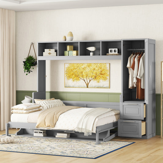 Queen Size Murphy Bed Wall Bed with Closet and Drawers in Gray
