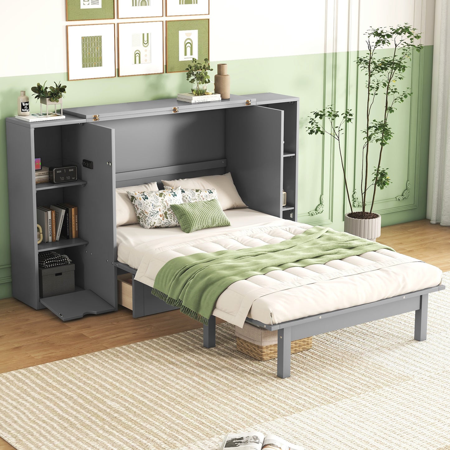 Queen Size Murphy Bed with Shelves, Drawers and USB Ports in Gray