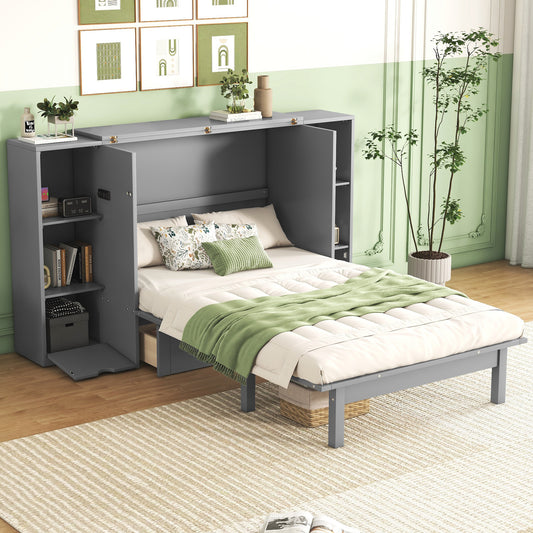 Queen Size Murphy Bed with Shelves, Drawers and USB Ports in Gray