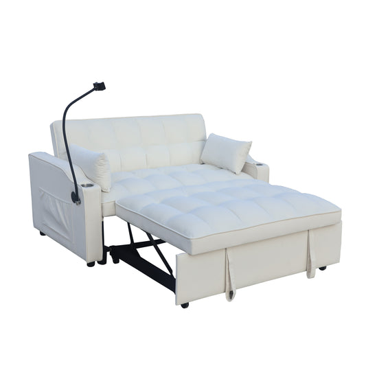 Modern Beige Velvet Loveseat Futon Sofa Couch with Pullout Bed