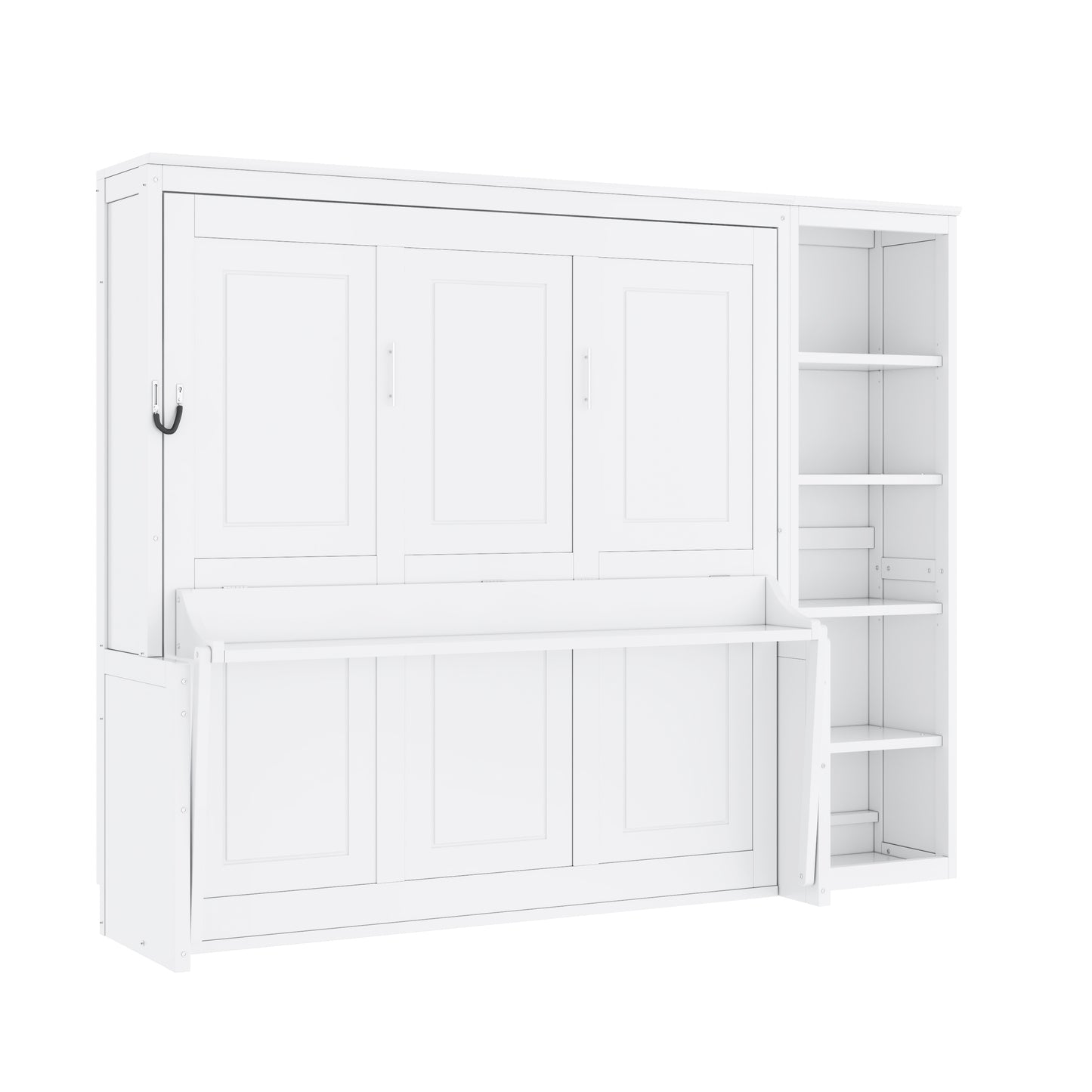 White Queen Size Murphy Bed with Desk and Bookshelf - Space Saving Pine Wood + MDF