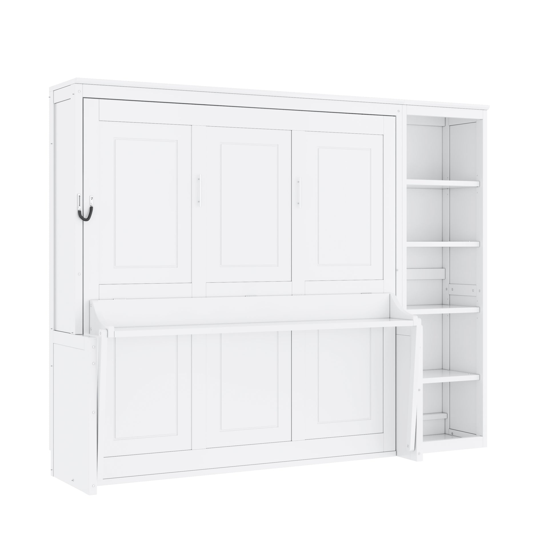 White Queen Size Murphy Bed with Desk and Bookshelf - Space Saving Pine Wood + MDF