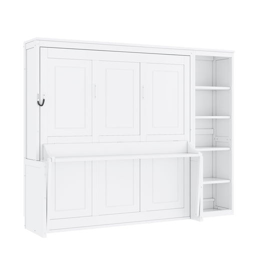 White Queen Size Murphy Bed with Desk and Bookshelf - Space Saving Pine Wood + MDF