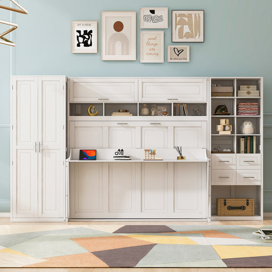 Full Size Murphy Bed Wall Bed with Closet, Drawers and Shelves - White