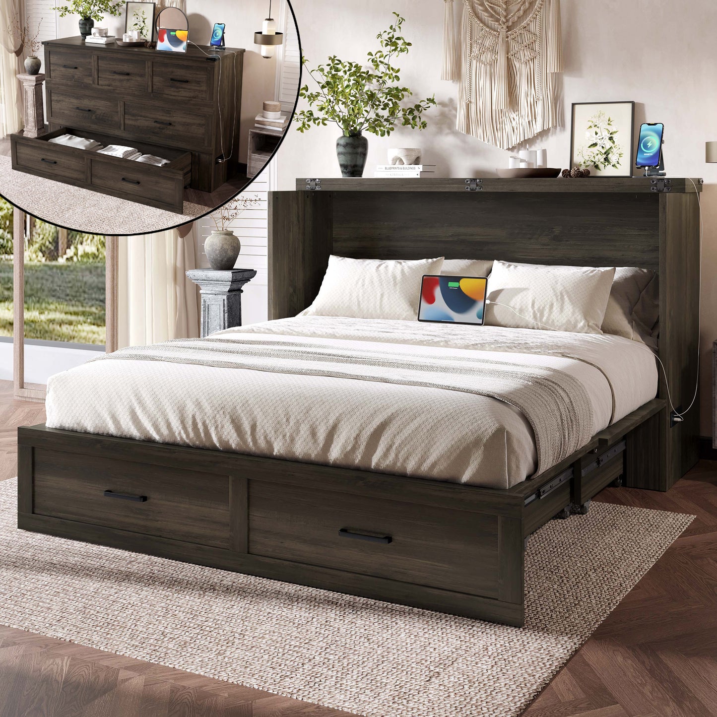 Murphy Bed Cabinet Queen Size with Charging Station – Multi-Functional Foldable Platform Bed with Storage Drawer in Rustic Gray