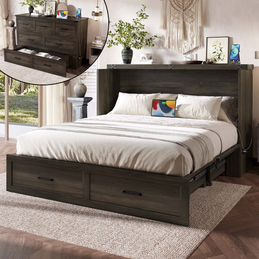 Murphy Bed Cabinet Queen Size with Charging Station – Multi-Functional Foldable Platform Bed with Storage Drawer in Rustic Gray
